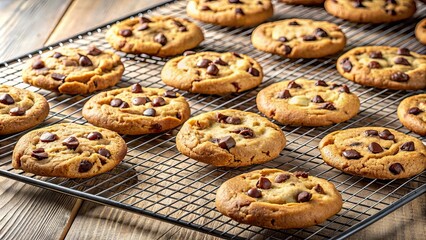 Canvas Print - Freshly baked chocolate chip cookies on a cooling rack, chocolate, chip, cookies, baking, homemade, dessert, delicious, sweet, crunchy