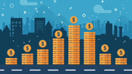 Poster - A city skyline with a large stack of coins on top of a building. The coins are worth $1 each and are stacked in a pyramid shape