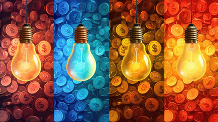 Poster - a series of four light bulbs are hanging from the ceiling, each one of them glowing in a different c