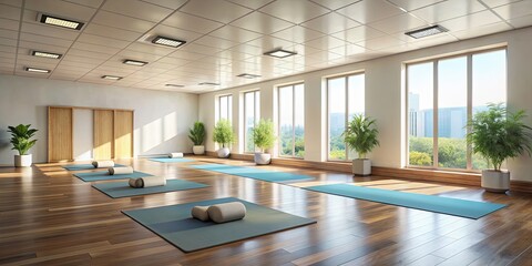 Poster - Empty yoga classroom with a minimal soothing decor , yoga, classroom, empty, minimal, soothing, decor, serene, peaceful