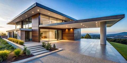 Poster - Luxurious entrance of a modern house overlooking a tranquil outdoor landscape under a clear blue sky, luxury, entrance