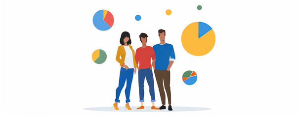 Poster - Three people standing next to each other with a pie chart in the background. The pie chart is divided into different colors and sizes, with one of the slices being the largest