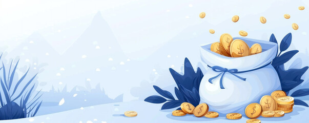 Poster - A blue bag filled with gold coins is on a snowy mountain. The bag is overflowing with coins, and the scene is peaceful and serene