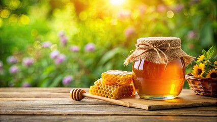 Sticker - Glass jar of honey and honeycombs on table with blurred garden background, honey, jar, sweet, golden, nature, organic, delicious