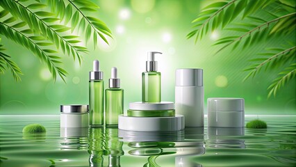 Wall Mural - green podium with cosmetic products display on water, cosmetic, product, display, stand,green, podium, water