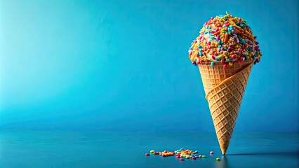 Poster - of ice cream cone with sprinkles on blue background, ice cream, cone, sprinkles, dessert, sweet, treat, frozen, delicious, colorful