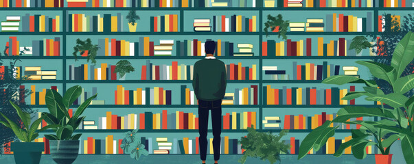 Poster - A man stands in front of a large bookcase filled with books. Concept of curiosity and a love for reading