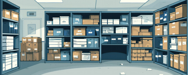 Poster - A large room with many boxes on shelves. The boxes are labeled with numbers and letters. The room is very organized and clean