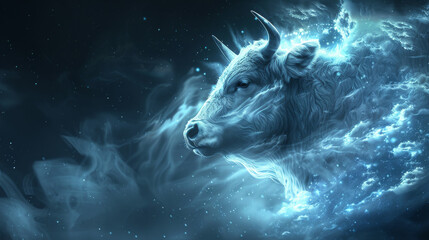 Wall Mural - A cow with horns is shown in a blue sky with smoke and stars