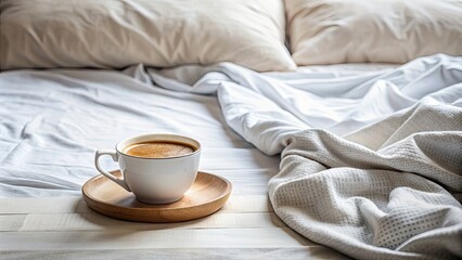 Poster - Morning coffee on the bed , cozy, relaxation, breakfast, aroma, cup, coffee, blanket, cozy, bedroom, lazy, comfort, serene, peaceful