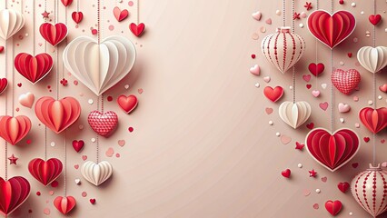 Poster - Paper style Valentine's Day background with heart shapes and romantic decorations , Valentine's Day, love, red