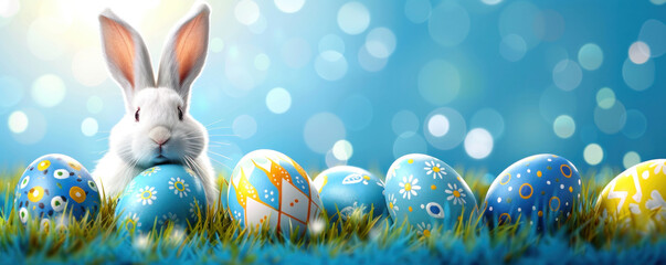 Poster - A rabbit is sitting on a field of Easter eggs. The eggs are scattered around the rabbit, with some closer to the rabbit and others further away. Concept of playfulness and joy