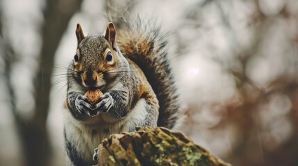 Wall Mural - Gray squirrel eating nut blank space