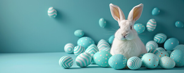 Poster - A white rabbit is sitting in a pile of blue and white eggs. The rabbit is surrounded by a variety of eggs, some of which are larger and some smaller. The scene is playful and whimsical