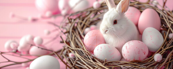 Poster - A white rabbit is sitting in a nest of eggs. Concept of warmth and comfort, as the rabbit is nestled in the eggs