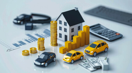 Poster - A pile of coins and a house are on a table with a calculator and a keyboard. The coins are stacked in a pyramid shape, and the house is made out of blocks. Concept of financial planning and budgeting