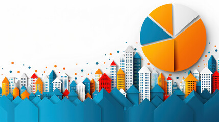 Poster - A colorful city skyline with a pie chart on the right side. The pie chart is divided into four pieces, with the largest piece being orange