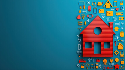 Poster - A blue background with a red house with many icons surrounding it. The house is surrounded by icons for various things such as a car, a key, a cell phone, and a laptop