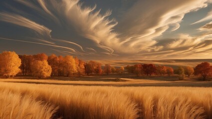 Wall Mural - Tall grass field with trees in sunlight under dramatic sky