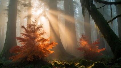 Wall Mural - Sunlight shines through tall trees in a foggy forest, illuminating orange leaves and moss