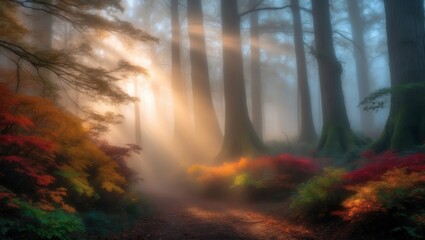 Wall Mural - Sunbeams break through the fog, illuminating a path through a misty autumn forest