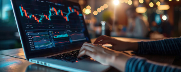 Poster - A person is typing on a laptop with a graph on the screen. The graph shows a downward trend, which could indicate a loss in the stock market