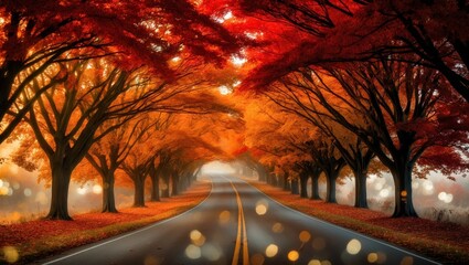 Poster - A winding road passes through a tunnel of trees with red and orange leaves