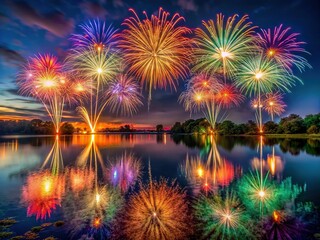 Vibrant fireworks light up the dark sky over serene lake waters, reflecting twinkling colors, celebrating Diwali festival with night-time pyrotechnic wonders and aquatic tranquility.