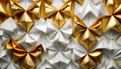 Wall Mural - Geometric texture  abstract 3d digital wallpaper background gold and white origami wall art Intricate origami folds in a gold and white wall decoration