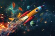 © Rayhanbp - A rocket made of colorful pencils, books and space elements is flying in the air on a dark background