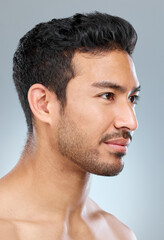 Poster - Male person, thinking and profile for skincare in studio with grooming, wellness and pride for glow. Man, dermatology and idea for luxury treatment, shine or routine for clean face by gray background