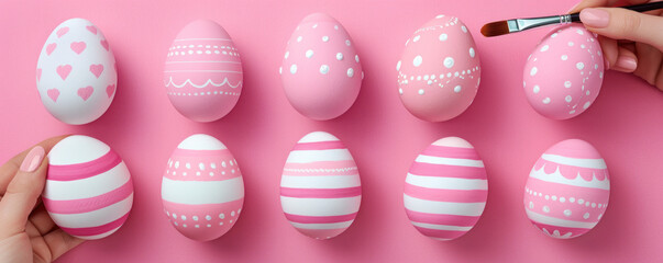 Poster - A woman is painting eggs with a pink and white design. The eggs are arranged in a row, with some painted with stripes and others with polka dots. Concept of creativity and playfulness
