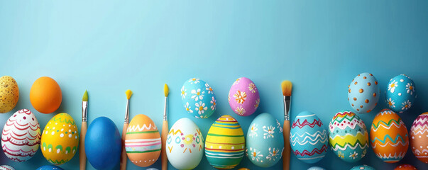 Poster - A colorful array of painted eggs are arranged in a row on a blue background. The eggs are of various sizes and colors, including blue, yellow, and pink. Concept of creativity and playfulness