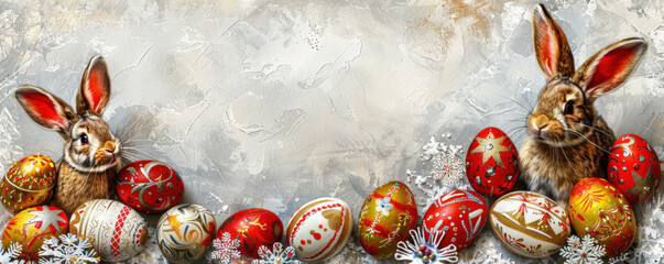 Poster - Two rabbits are sitting on a row of eggs. The eggs are red and gold, and the rabbits are looking at the camera. The image has a warm and cozy feeling
