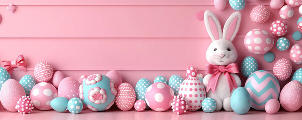 Poster - A pink and blue background with a white rabbit and many pink and blue eggs