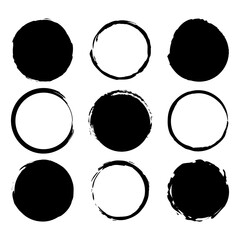 Poster - Set of black circles. Different brush stroke styles. Grunge and abstract designs. Vector illustration for projects.