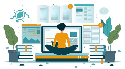 Fototapete - Person working on laptop surrounded by books.