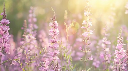 Wall Mural - Small delicate pretty pink to purple flower clusters in the field on a sunny spring day