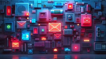 Poster - Neon 3D Interface Design with Glowing Envelopes.