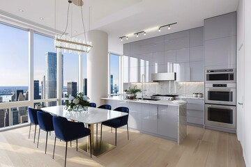 Wall Mural - A modern kitchen with light gray cabinets, white walls and floors, large windows overlooking