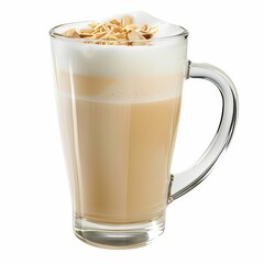 A frothy vanilla almond latte with almond milk and vanilla syrup in a glass, isolated white background, realism art style