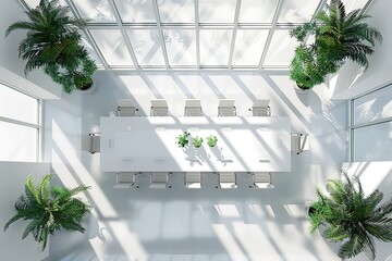Poster - modern white office interior with a long table in the center, surrounded by chairs and plants