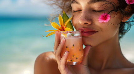 close up detail of beautiful samoan lady drinking passion fruit juice at the beach