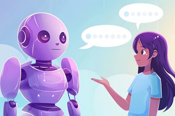 Poster - A purple chatbot holding white speech bubbles, standing next to an attractive woman