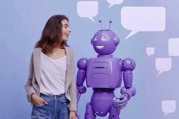 Poster - A woman is standing next to a purple robot
