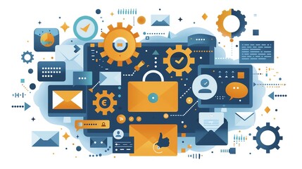 Poster - Digital marketing strategy concept with gears, email, and social media.
