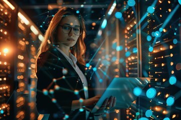 Poster - A woman in business attire holding an open laptop, standing next to a server rack with digital data