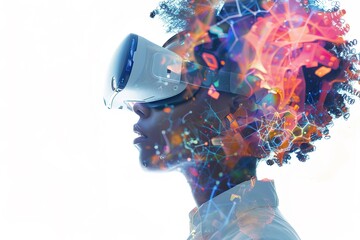 Poster - A young person wearing VR glasses, with holographic images of virtual worlds and digital