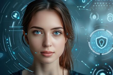Poster - An attractive woman is presented in front of the camera, with facial biometric security features