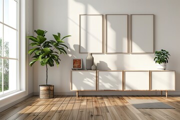 Wall Mural - An empty wall with four vertical frames mockup, white frame on the wall of a modern living room